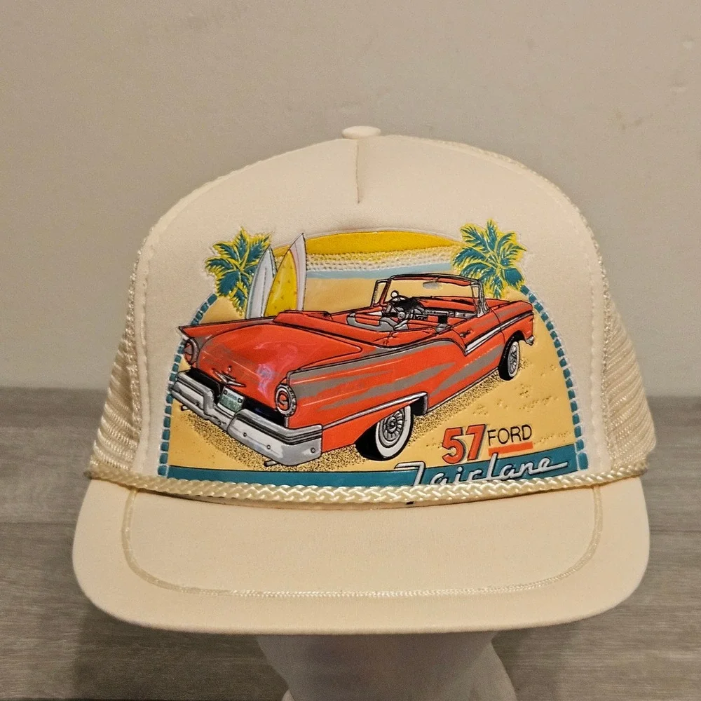 Vintage Autographix 57 Ford Fairlane Trucker Hat Mesh Snapback Cream Retro Car